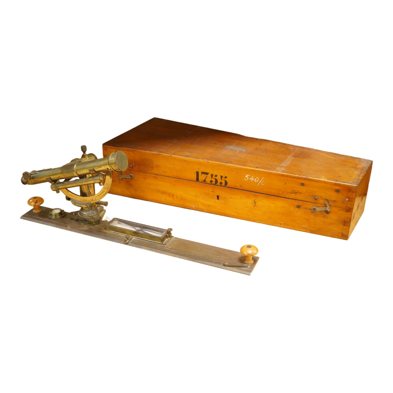 A German brass alidade by F. Sartorius, Göttingen, number 1755, 58.5cm wide, contained within a fitted birch case with applied maker’s label and other reference markings, the case; 63cm wide, 14cm high, 25cm deep at the